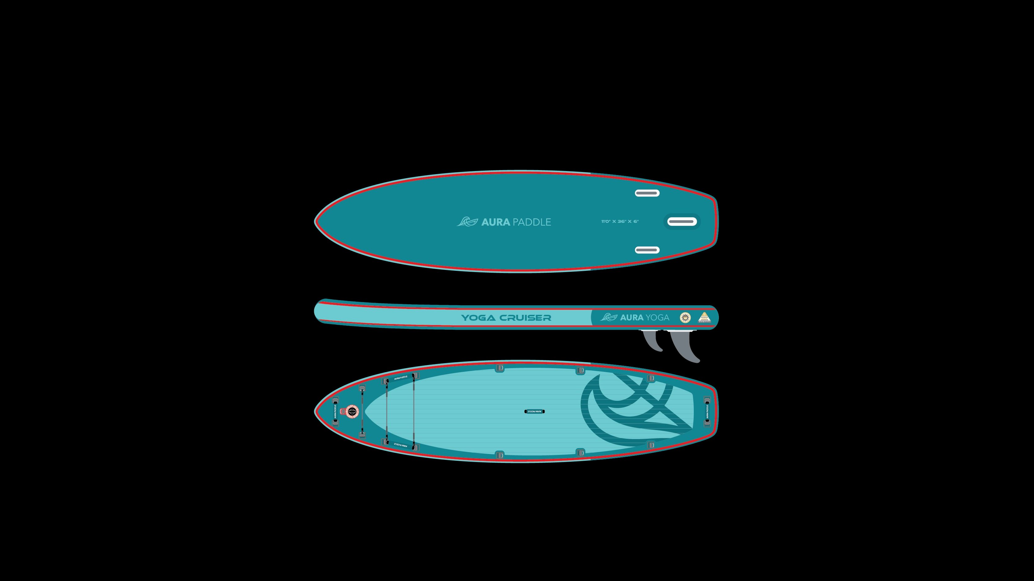 Aura Yoga Cruiser 11' inflatable SUP paddle board — three view